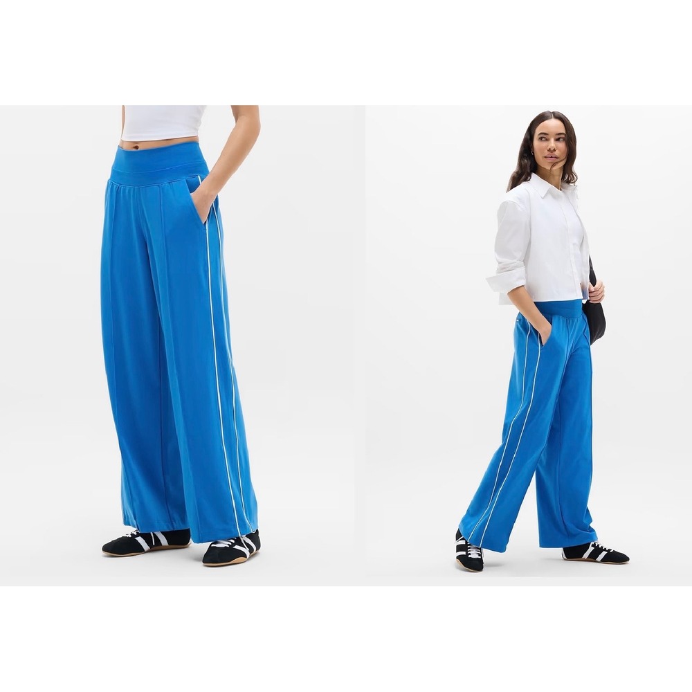 Athleta Venice Wide Leg Pants XL Blue White Side Stripe Zip Pockets Women NEW